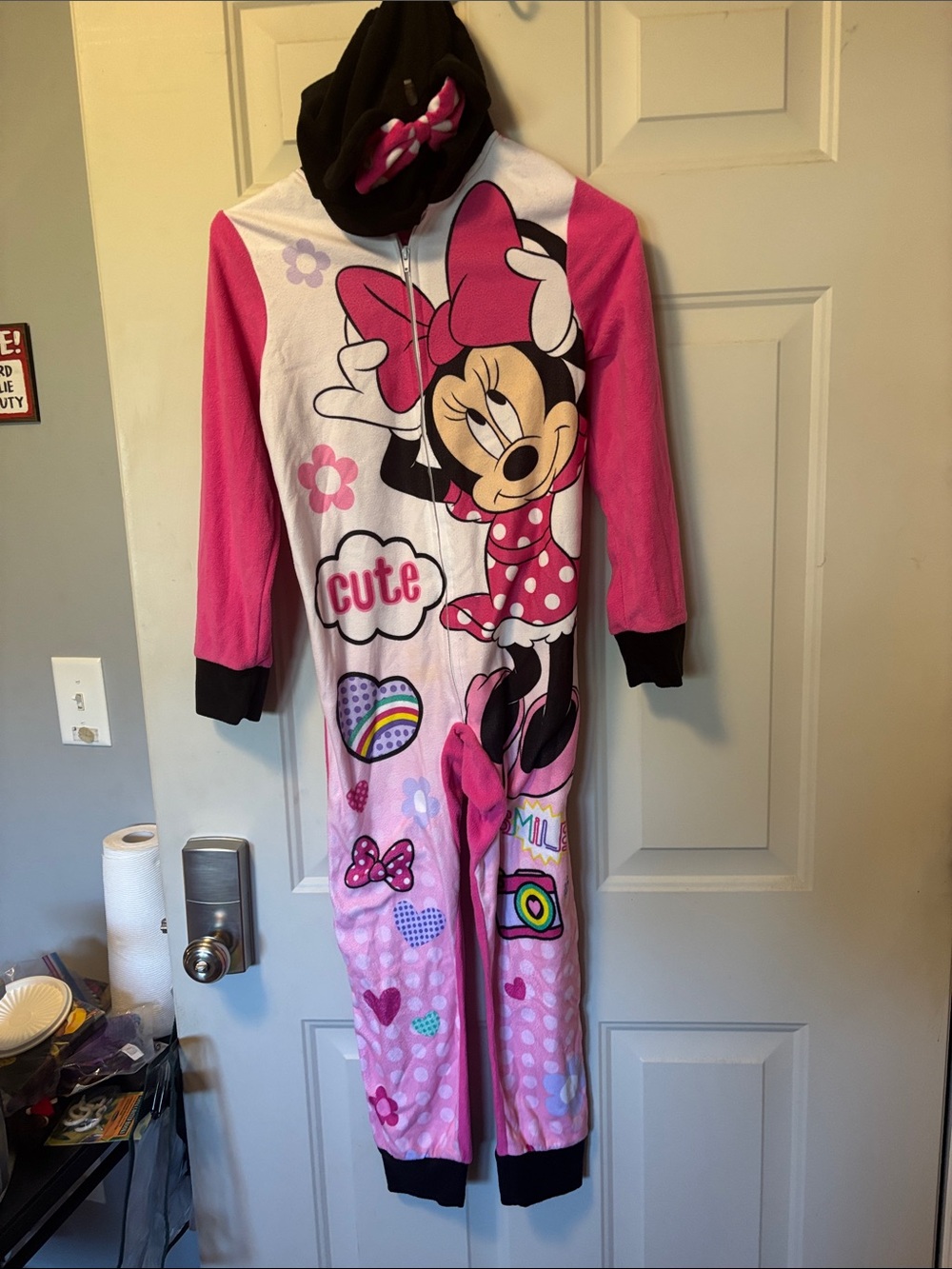 Disney Pink Minnie Mouse Kids Fleece One-Piece Pajamas with Hood
